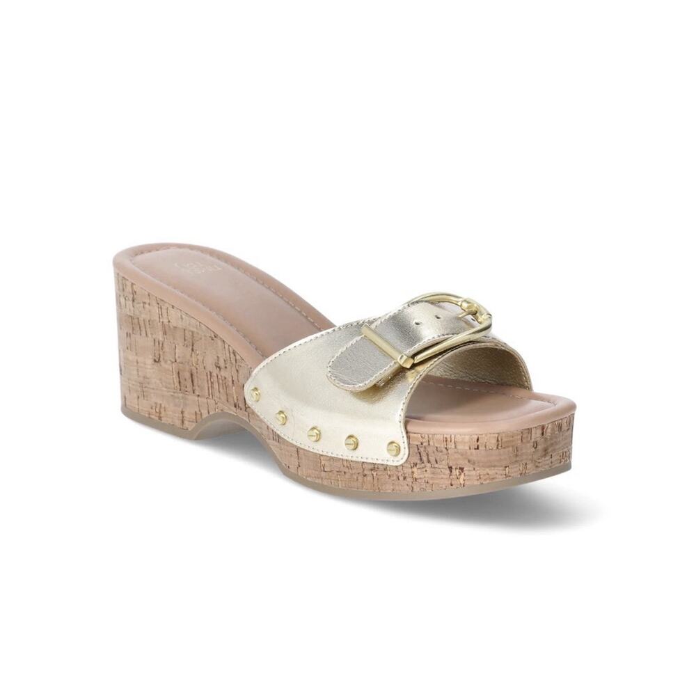 Time & Tru Buckle Cork Platform Sandals Memory Foam Gold Size 7